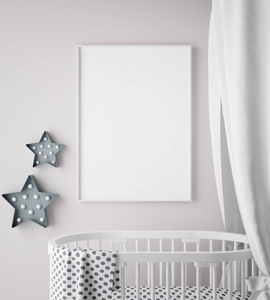 макет рамки плаката в детской спальне, скандинавский стиль интерьера, 3D рендеринг
 - Фото, изображение