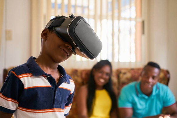 Fun For Happy Family Playing Virtual Reality Goggles VR Glasses - Photo, Image