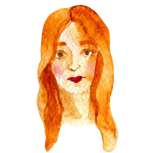 Watercolor illustration of a face image, a portrait of red-haired woman. - Foto, imagen