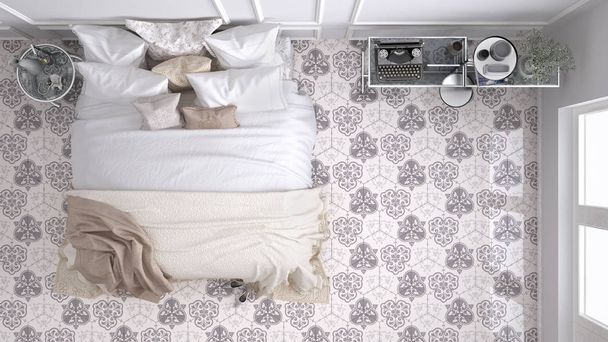 klassisches Schlafzimmer, Draufsicht, mit alten beigen Marmorfliesen - Foto, Bild