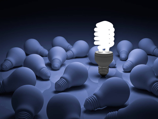 Lâmpada de poupança de energia, uma lâmpada fluorescente compacta brilhante que se destaca das lâmpadas incandescentes não iluminadas no fundo azul, individualidade e diferentes conceitos de ideia criativa
 - Foto, Imagem