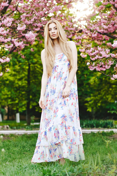 Portrait of beautiful girl on cherry blossom background - Photo, image