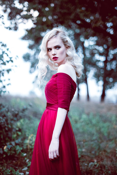 Moda linda jovem loira em belo vestido vermelho em uma floresta de conto de fadas. atmosfera mágica. Tonificação retocada tiro
 - Foto, Imagem