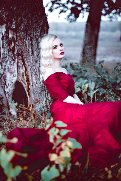 Moda hermosa mujer rubia joven en hermoso vestido rojo en un bosque de cuento de hadas. atmósfera mágica. Disparo de tonificación retocado
 - Foto, Imagen