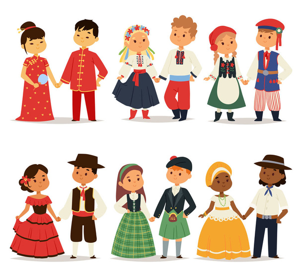 Traditional kids couples character of world dress girls and boys in different national costumes and cute little children nationality dress vector illustration. - Vector, Image