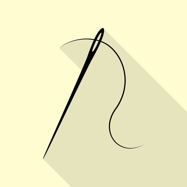 Nadel mit Faden. Nähnadel, Nadel zum Nähen. schwarzes Symbol mit flachem Schattenpfad auf cremefarbenem Hintergrund. - Vektor, Bild