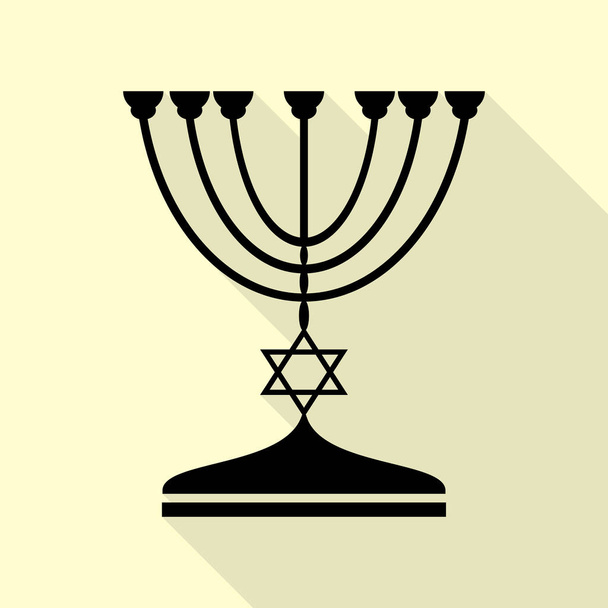 Castiçal Menorah judeu em silhueta preta. Ícone preto com estilo plano sombra caminho no fundo creme
. - Vetor, Imagem