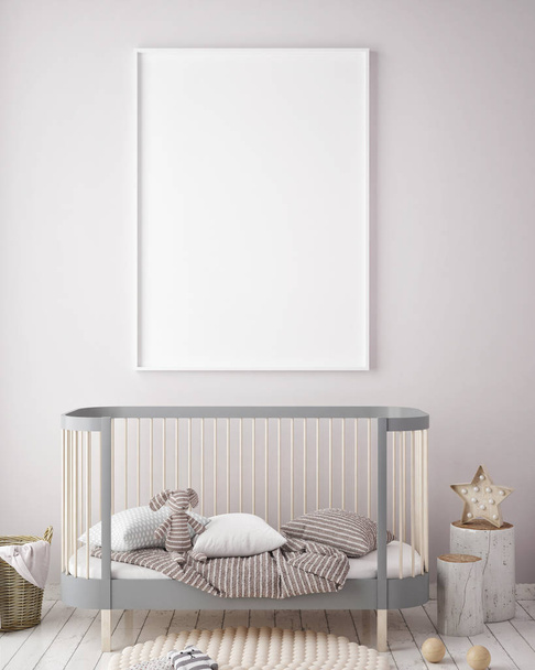 poster çerçevesi çocuk yatak odası, İskandinav tarzı iç arka plan, 3d render kadar alay - Fotoğraf, Görsel