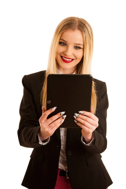 Beautiful business woman browsing web on her tablet isolated ove - Zdjęcie, obraz