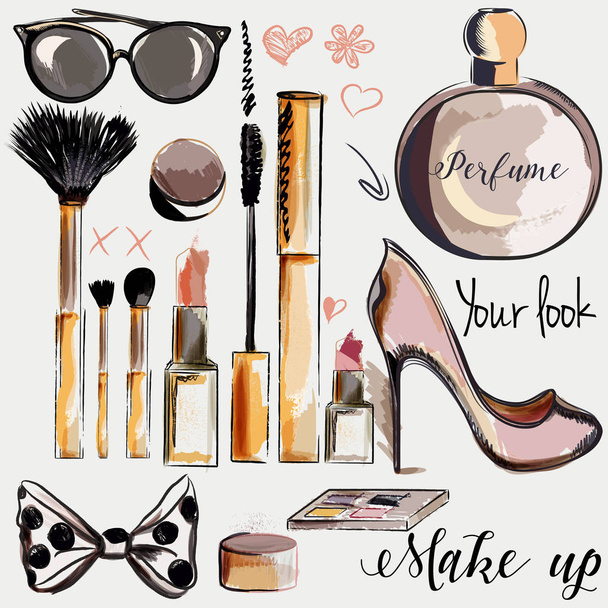set of vector make up accessories lipstick mascara perfume brush - Wektor, obraz