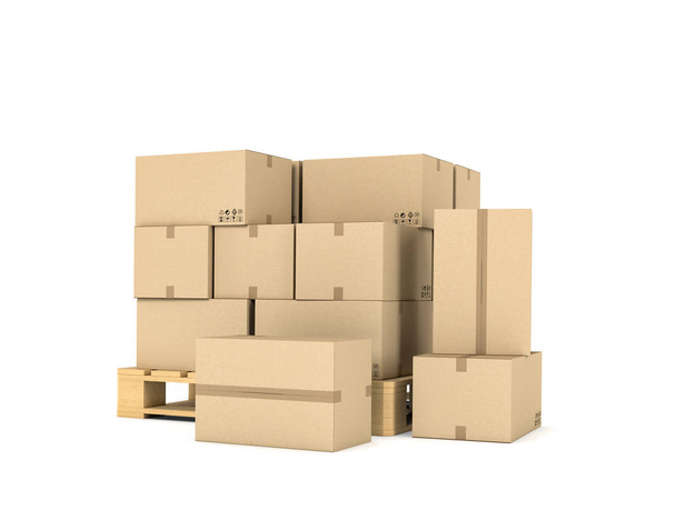 Rendering of several carton boxes stacked evenly on a double-decked pallet - Foto, Bild