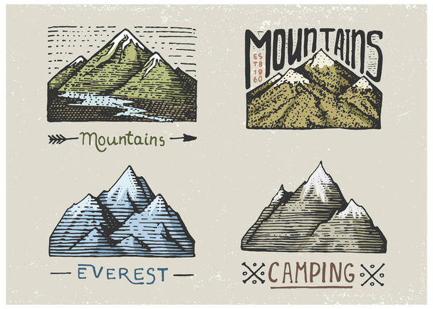 ensemble de millésimes gravés, dessinés à la main, anciens, étiquettes ou insignes pour le camping, la randonnée, la chasse avec des sommets montagneux, du sud au nord
 - Vecteur, image