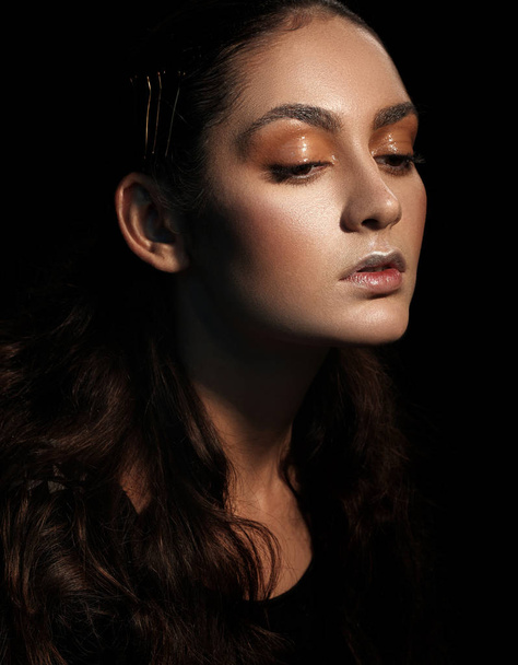 Glamor woman dark face portrait, beautiful female on black backg - Photo, Image