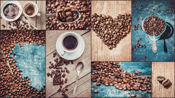 collage van veel foto's van koffie.  - Foto, afbeelding