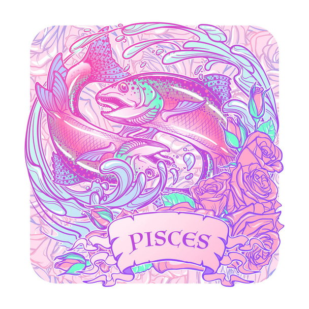 Zodiac sign - Pisces. Two fishes jumping from the water - Vector, Image
