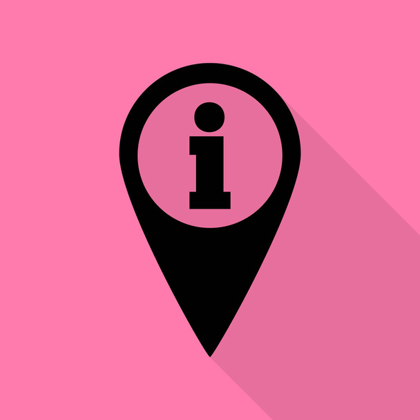Map pointer with information sign. Black icon with flat style shadow path on pink background. - Vector, Image
