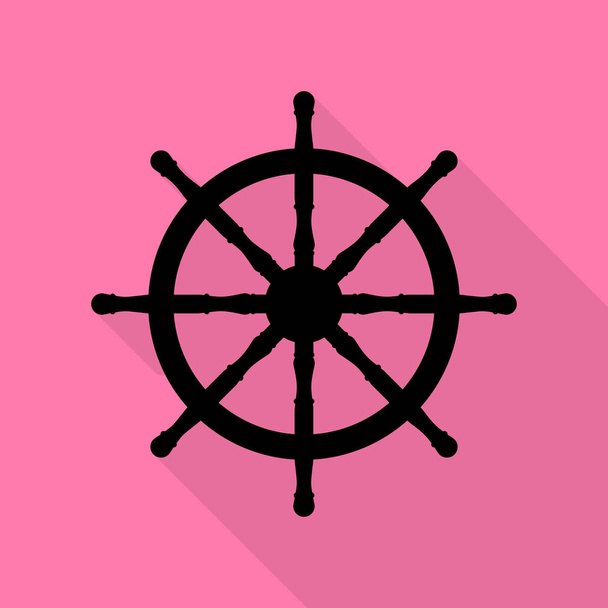 Señal de la rueda del barco. Icono negro con camino de sombra de estilo plano sobre fondo rosa
. - Vector, Imagen