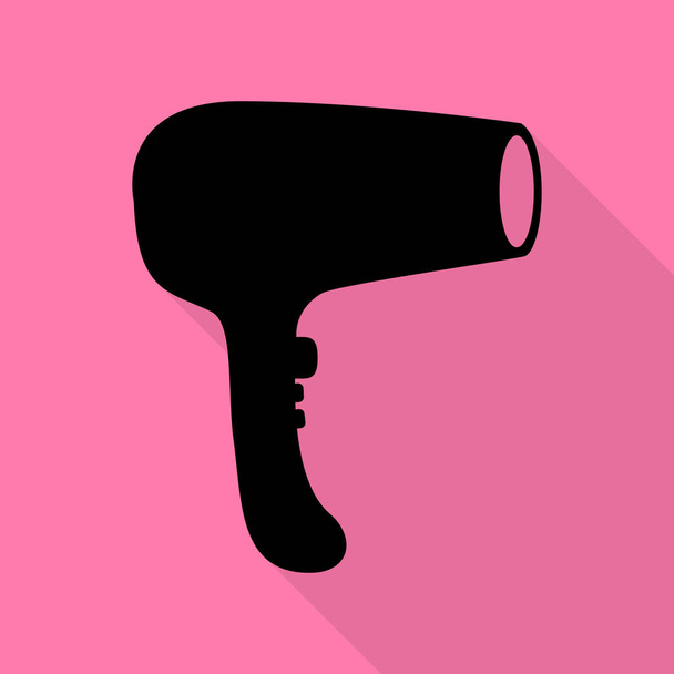 Haartrockner Zeichen. schwarzes Symbol mit flachem Schattenpfad auf rosa Hintergrund. - Vektor, Bild