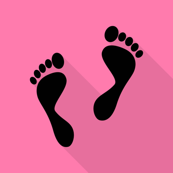 Τα πόδια εκτυπώσεις σημάδι. Μαύρο εικονίδιο με επίπεδη στυλ σκιάς διαδρομή σε ροζ φόντο. - Διάνυσμα, εικόνα