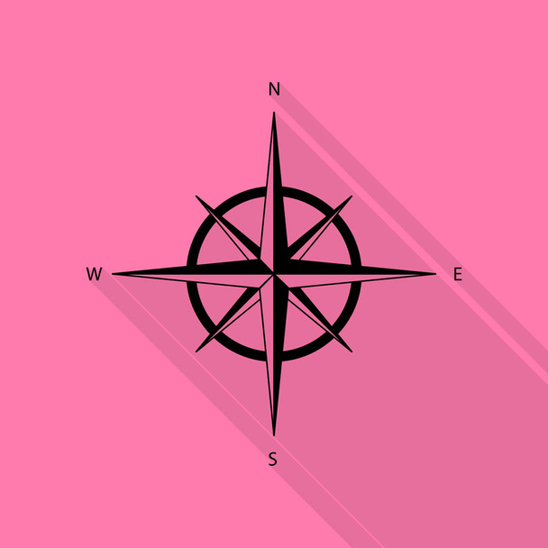 Větrná růžice znamení. Černá ikona s ploché styl stínu cestou na růžovém pozadí. - Vektor, obrázek