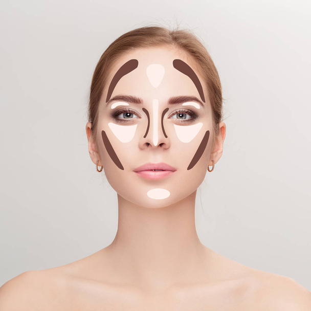 Contouring. Make up woman face on grey background.  Professional - Photo, Image
