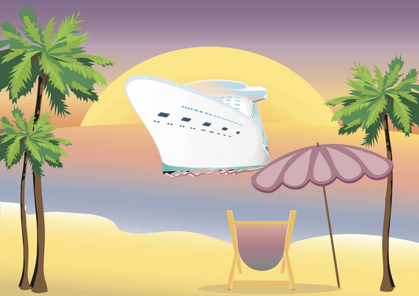 Cruise vakanties reclame ontwerpsjabloon. Cruise vakantie concept. Cruiseschip in de zee in de buurt van het tropische eiland met palmbomen van kokosnoot en stoel in de buurt van de zee. Ontspannen en genieten van de vakantie. - Vector, afbeelding