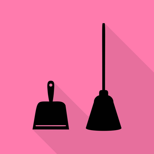 ちりとりベクトル記号。ゴミ家事ちりとり装置を洗浄するためのスクープ。ピンクの背景にフラット スタイル シャドウ パスと黒のアイコン. - ベクター画像