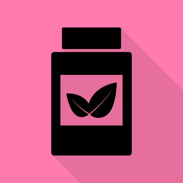Supplementen container teken. Zwarte pictogram met vlakke stijl schaduw pad op roze achtergrond. - Vector, afbeelding