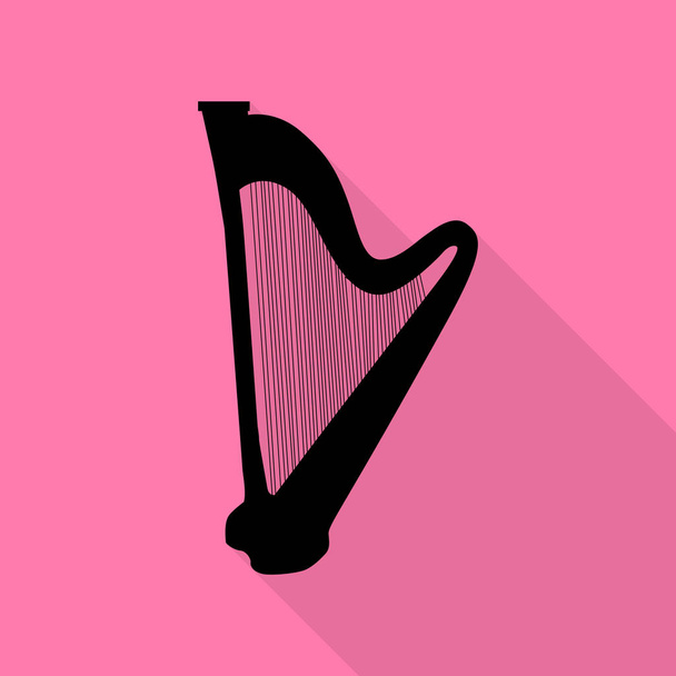 楽器のハープのサイン。ピンクの背景にフラット スタイル シャドウ パスと黒のアイコン. - ベクター画像