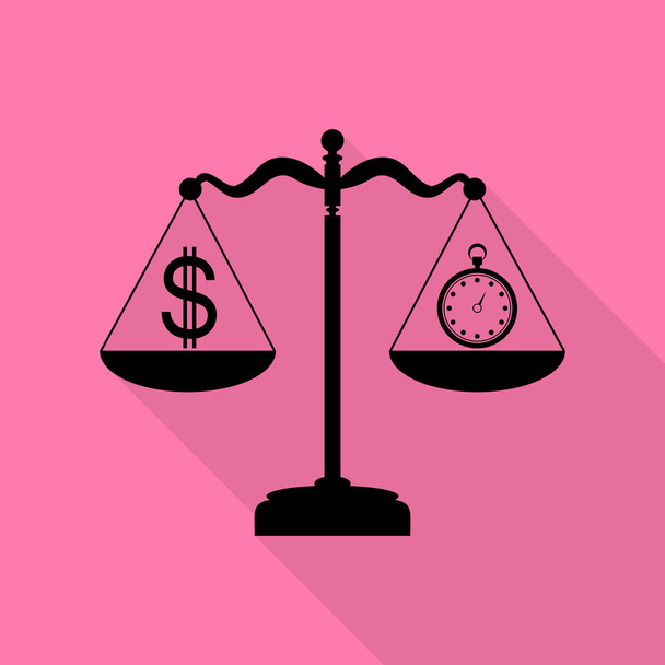 Stopwatch en dollar symbool op schalen. Zwarte pictogram met vlakke stijl schaduw pad op roze achtergrond. - Vector, afbeelding
