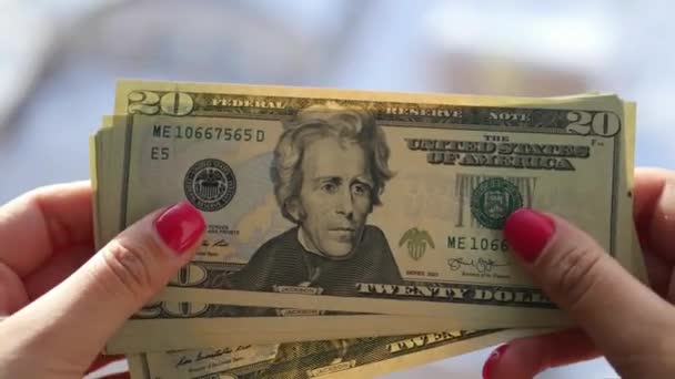 Girl looks at the new twenty-dollar bills in his hands, 4k, 3840x2160, - Materiaali, video