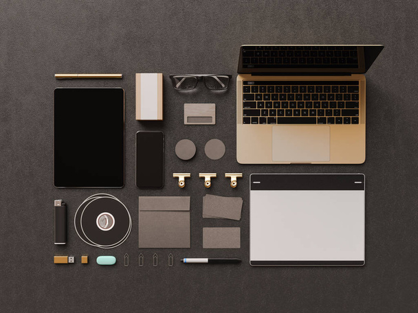 Black Corporate Identity. Branding Mock Up. Office supplies, Gadgets. 3D illustration - Foto, immagini