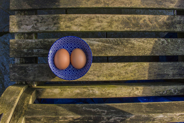 zwei frische Eier in einer schönen blauen Schüssel mit Muster. - Foto, Bild