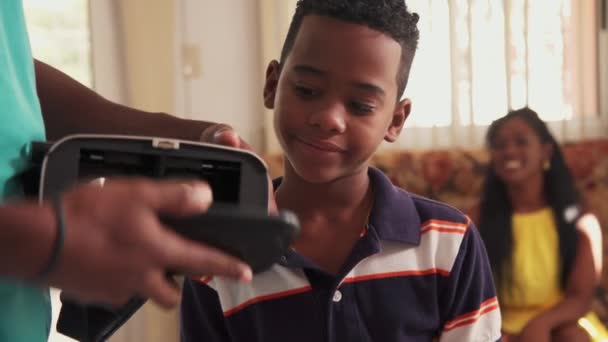 Virtual Reality Goggles VR Headset For Hispanic Boy Black Child - Footage, Video