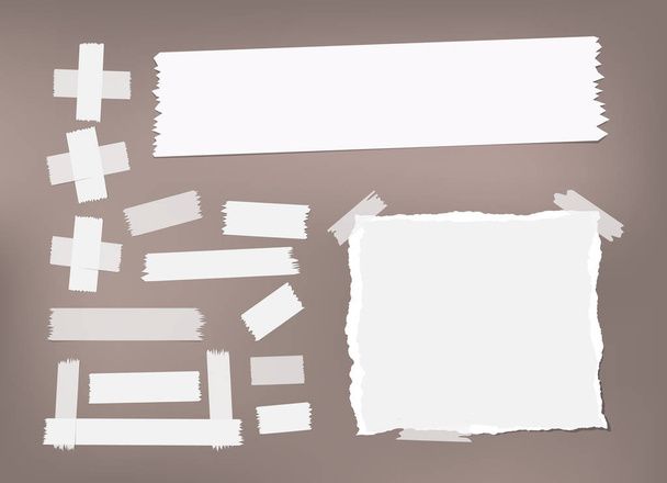 Ripped white notebook, copybook, note paper, sticky, adhesive masking tape stuck on brown background - Vector, Image