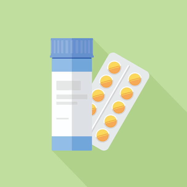 Medizinische Verpackung Behälter und Pillen in Blister flach Symbol - Vektor, Bild