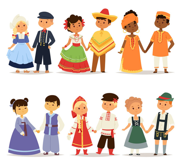 Crianças tradicionais casais personagem de meninas vestido do mundo e meninos em diferentes trajes nacionais e bonitinho crianças nacionalidade vestido vetor ilustração
. - Vetor, Imagem