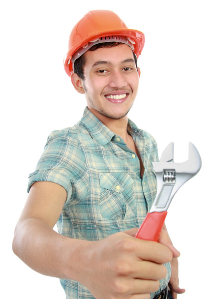 счастливый работник с инструментом
 - Фото, изображение