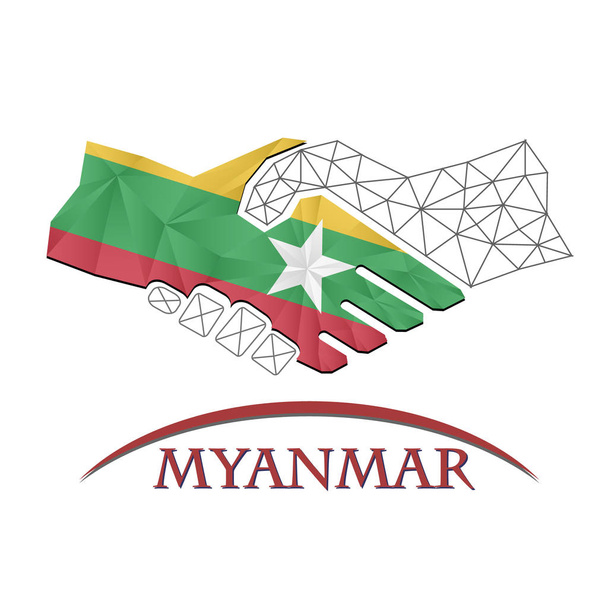 Logotipo del apretón de manos hecho de la bandera de Myanmar  - Vector, imagen