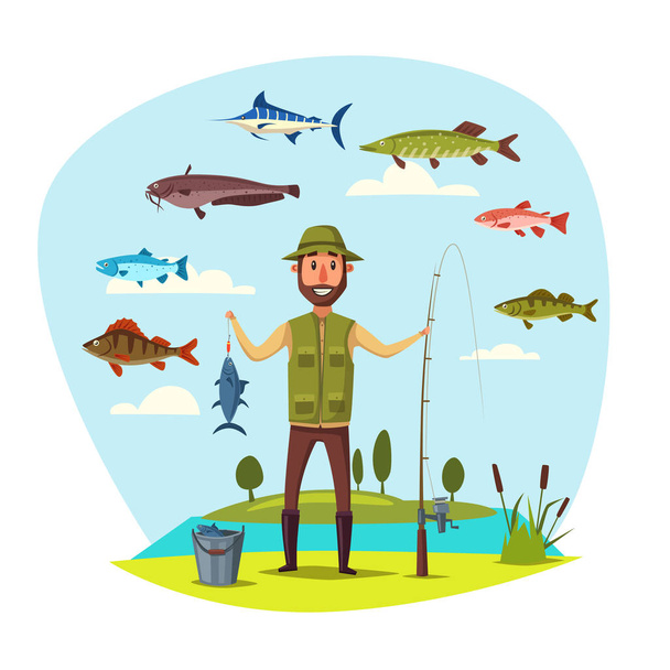 Fisher hombre con peces captura vector de pesca
 - Vector, Imagen