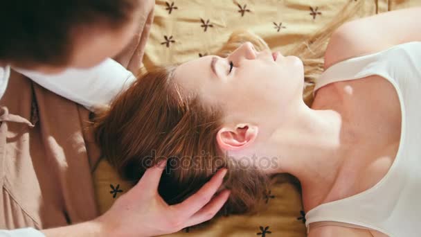 Thai massage treatment for head and hair - white young attractive female - Materiał filmowy, wideo