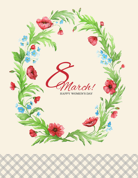 Watercolor greeting card 8 March with poppy wreath - Valokuva, kuva