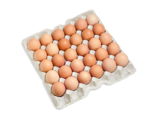 Uova marroni nel vassoio di cartone su sfondo chiaro
 - Foto, immagini