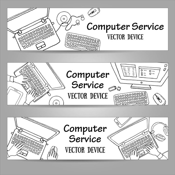 Resimde bilgisayar hizmetleri, iş, e-öğrenme tasarım afiş kümesi. Siyah ve beyaz doodle web ve grafik tasarım için stil kavramları. - Vektör, Görsel