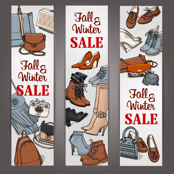 Ilustracja kobiece buty i torby zestaw sprzedaż transparent. Jesień Zima Moda kolekcja szablonów - Wektor, obraz