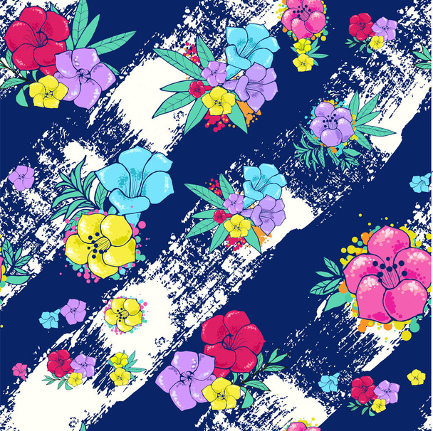 Exotic colorful flowers on a white-blue background with stripes - Vektör, Görsel
