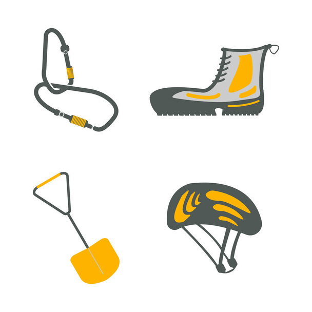 Карбіна, пішохідні черевики, лопата, шолом плоскі значки. Туристичне обладнання. Подорожні веб-елементи. Векторні ілюстрації
 - Вектор, зображення