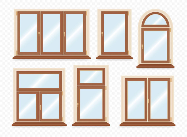 Realistic wooden plastic windows set. Vector illustration. - Vector, Image