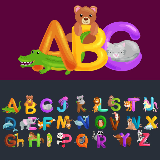 ABC ζώων γράμματα για εκπαίδευσης αλφάβητο σχολείο ή παιδικό σταθμό των παιδιών που απομονώνονται - Διάνυσμα, εικόνα