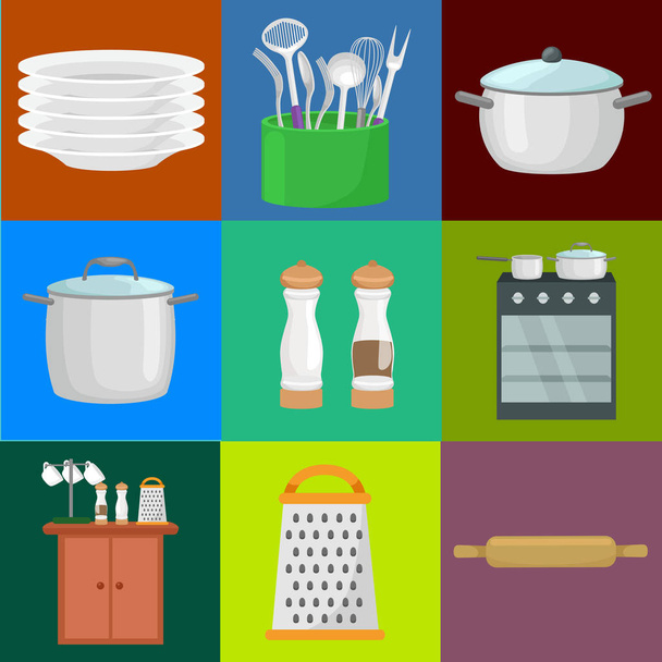 Lebensmittel- und Kochbanner-Set mit Geschirr, Kochutensilien, Kochutensilien, Haushaltsgeräte - Vektor, Bild